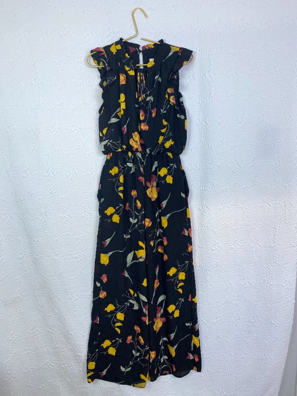 Sienna Sky Sheer Floral Wide Leg Maxi Jumpsuit Black Yellow Size M